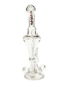 The back of an Encore Clear Marble Recycler Dab Rig with a red logo.