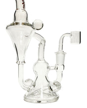 Load image into Gallery viewer, The inline perc and recycler base of an Encore Clear Marble Recycler Dab Rig with a red logo.
