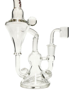 The inline perc and recycler base of an Encore Clear Marble Recycler Dab Rig with a red logo.