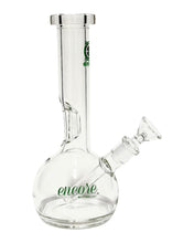 Load image into Gallery viewer, The side of an Encore Fixed Stem Bubble Bong with green decals.
