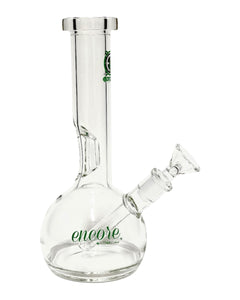 The side of an Encore Fixed Stem Bubble Bong with green decals.