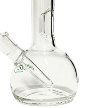 Load image into Gallery viewer, The popped hole perc and base of an Encore Fixed Stem Bubble Bong with green decals.
