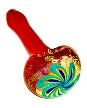 Load image into Gallery viewer, A red TKO Inside Out Frit Flower Spoon Pipe with blue flower.
