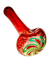 Load image into Gallery viewer, A red TKO Inside Out Frit Flower Spoon Pipe with blue and red flower.
