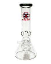 Load image into Gallery viewer, The front of a Clear Beaker Bong with a black mouthpiece and red logo.
