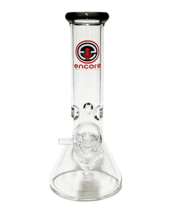 The front of a Clear Beaker Bong with a black mouthpiece and red logo.