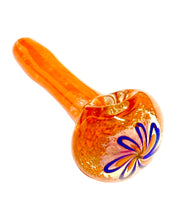 Load image into Gallery viewer, An orange TKO Inside Out Frit Flower Spoon Pipe with blue and orange flower.
