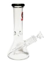 Load image into Gallery viewer, The side of a Clear Beaker Bong with a black mouthpiece and red logo.
