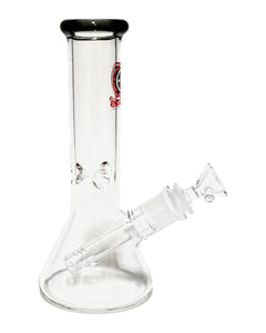 The side of a Clear Beaker Bong with a black mouthpiece and red logo.