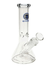 Load image into Gallery viewer, A Clear Beaker Bong with a blue mouthpiece and logo.
