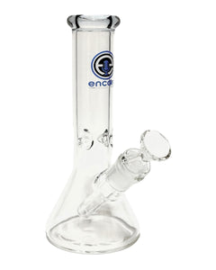 A Clear Beaker Bong with a blue mouthpiece and logo.
