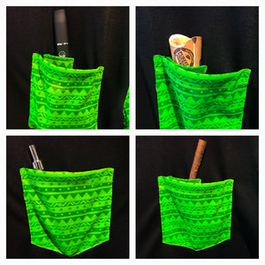 Different uses for the pocket of a Kroniic Clothing Flower Green Elemental Hemp Pocket Tee with Joint Holder.