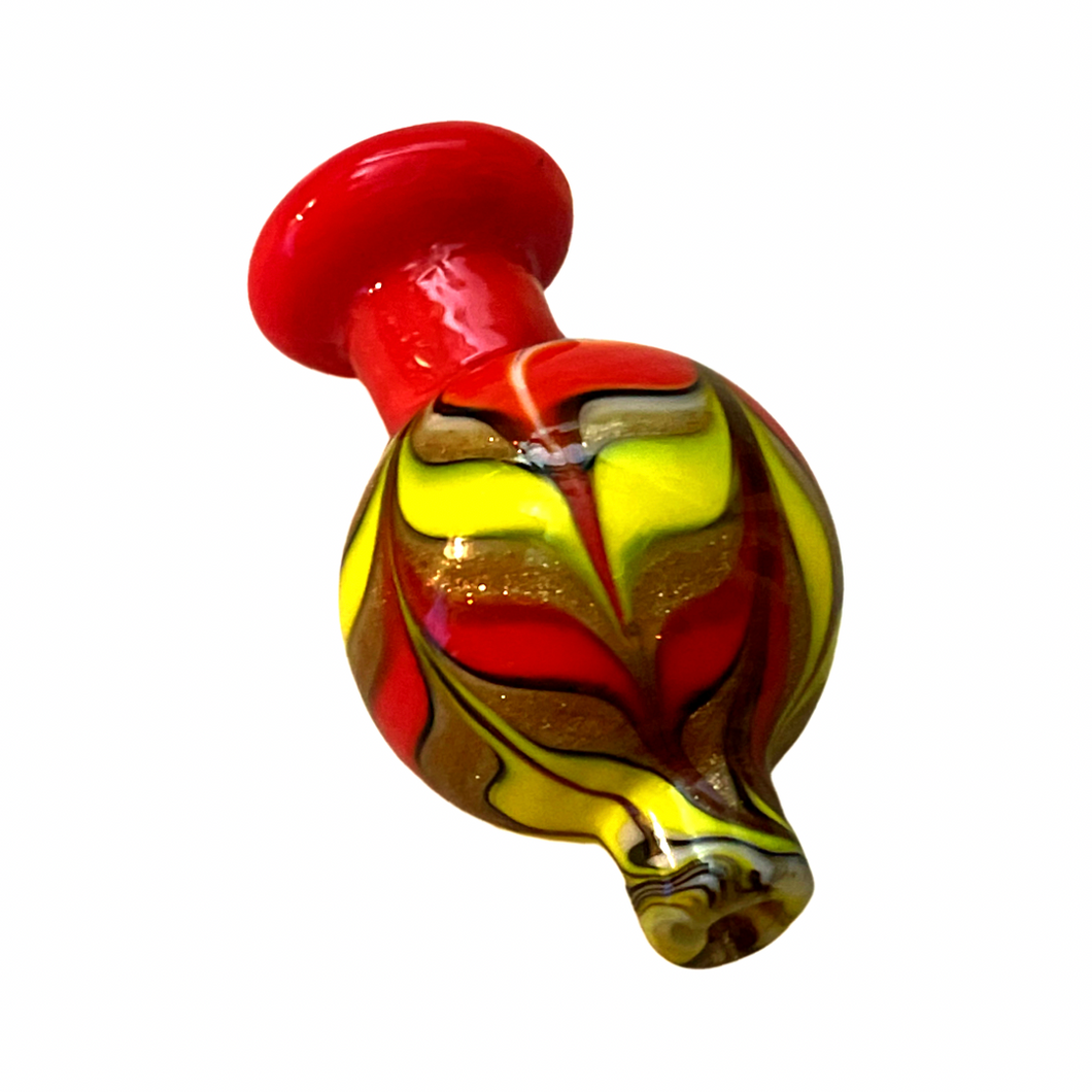 A red and yellow Soft Glass Wrap & Rake Ball Carb Cap.