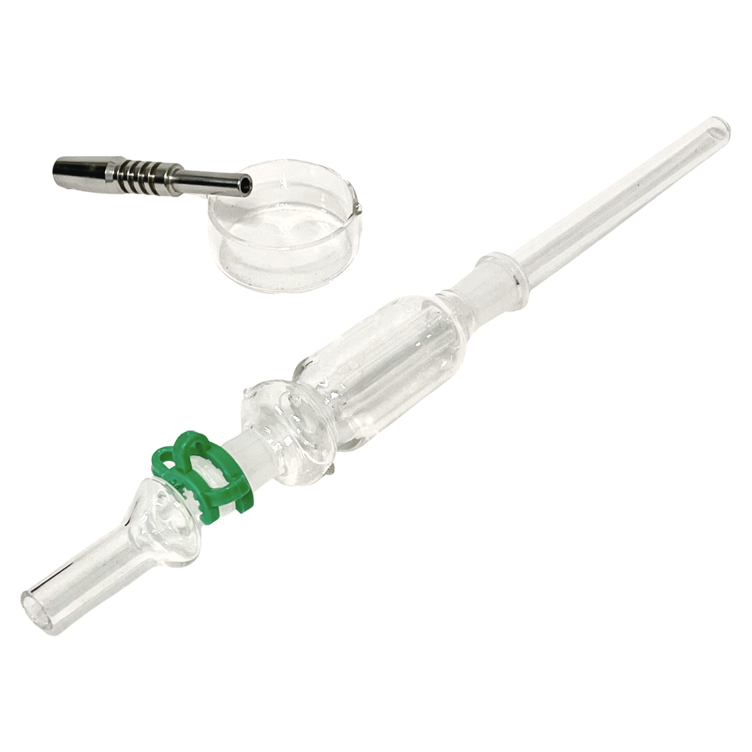 A Nectar Collector Kit featuring a nectar straw, quartz tip, steel tip, and dish.