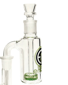 A green 14mm 90 Degree Encore Heavywall Showerhead Ash Catcher on a pipe.