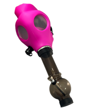 Load image into Gallery viewer, A pink Gas Mask Bong with a black acrylic bong.
