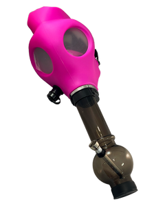 A pink Gas Mask Bong with a black acrylic bong.