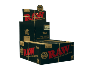 A box of Raw Black Kingsize Slim Classic Rolling Papers.