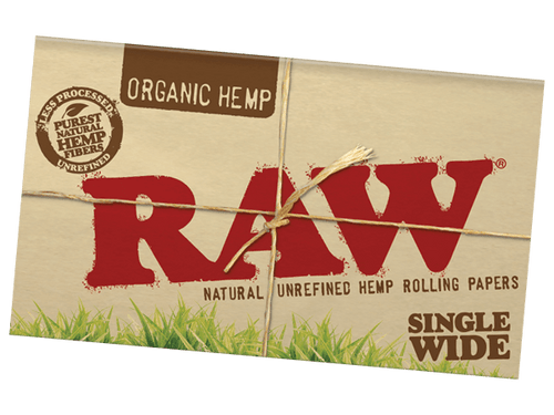 A pack of Raw Organic Hemp Single Wide Double Feed Rolling Papers.