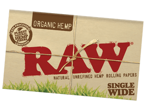 A pack of Raw Organic Hemp Single Wide Double Feed Rolling Papers.