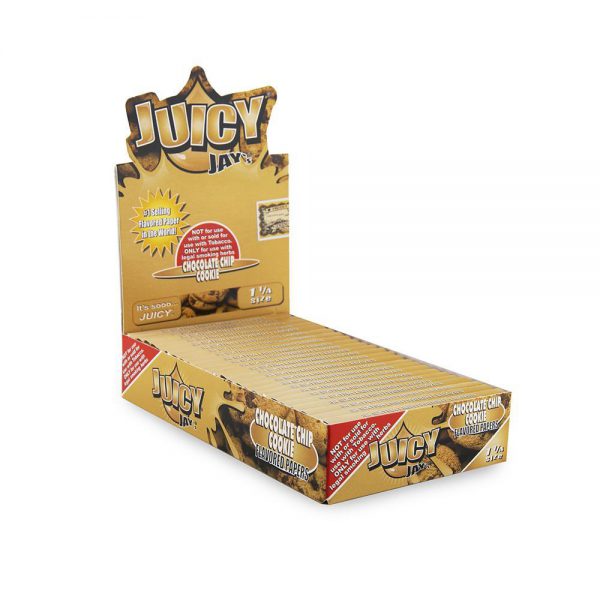 A box of Chocolate Chip Cookie Dough Juicy Jay's Classic 1 1/4 Rolling Papers.