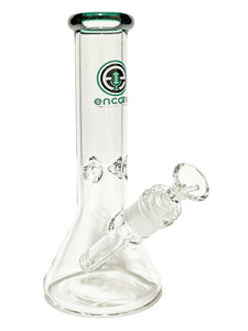 A Clear Beaker Bong with a teal mouthpiece and logo.