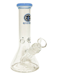 A Clear Beaker Bong with a grateful blue mouthpiece and logo.