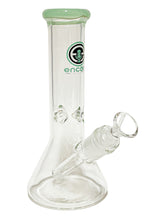 Load image into Gallery viewer, A Clear Beaker Bong with a slime green mouthpiece and logo.
