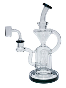 The side of a blue Monark Double Chamber Recycler Rig.