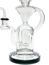 Load image into Gallery viewer, A inline perc and base of a blue Monark Double Chamber Recycler Rig.
