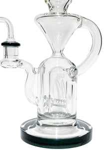 A inline perc and base of a blue Monark Double Chamber Recycler Rig.