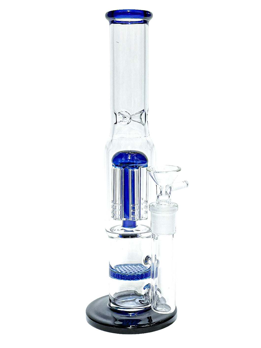 A blue Stemless Double Perc Straight Tube.