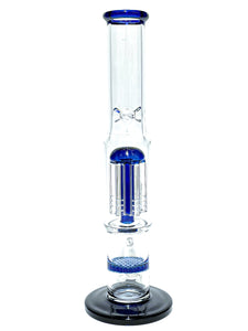The back of a blue Stemless Double Perc Straight Tube.
