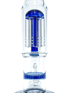The honeycomb perc and tree perc of a blue Stemless Double Perc Straight Tube.