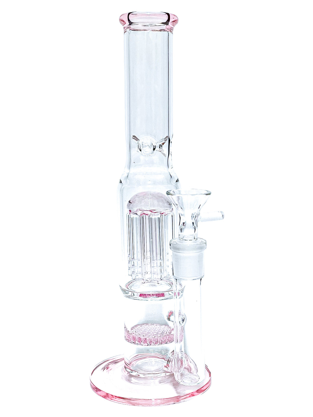 A pink Stemless Double Perc Straight Tube.