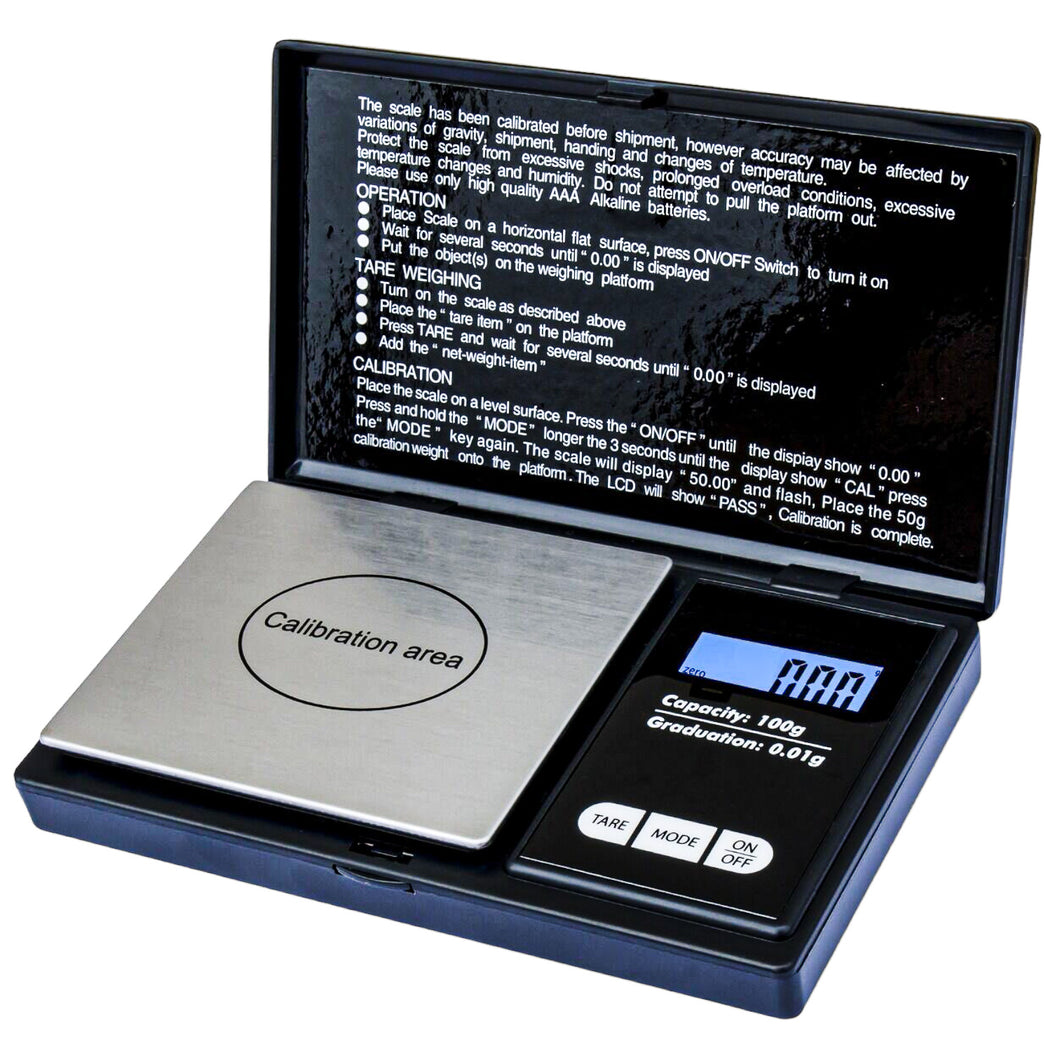 An open WeighMax Digital Pocket Scale 100g x 0.01g.